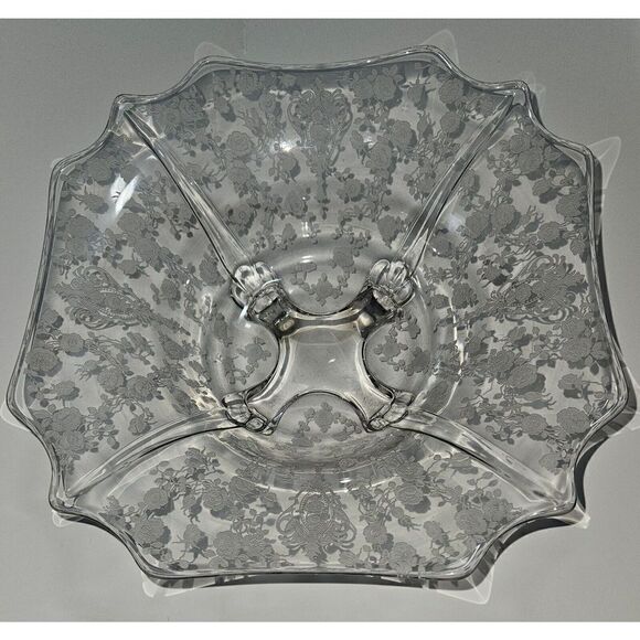 1930's Cambridge Glass Rose Point Square 4 Toed Console Bowl BEAUTIFUL - Picture 1 of 10